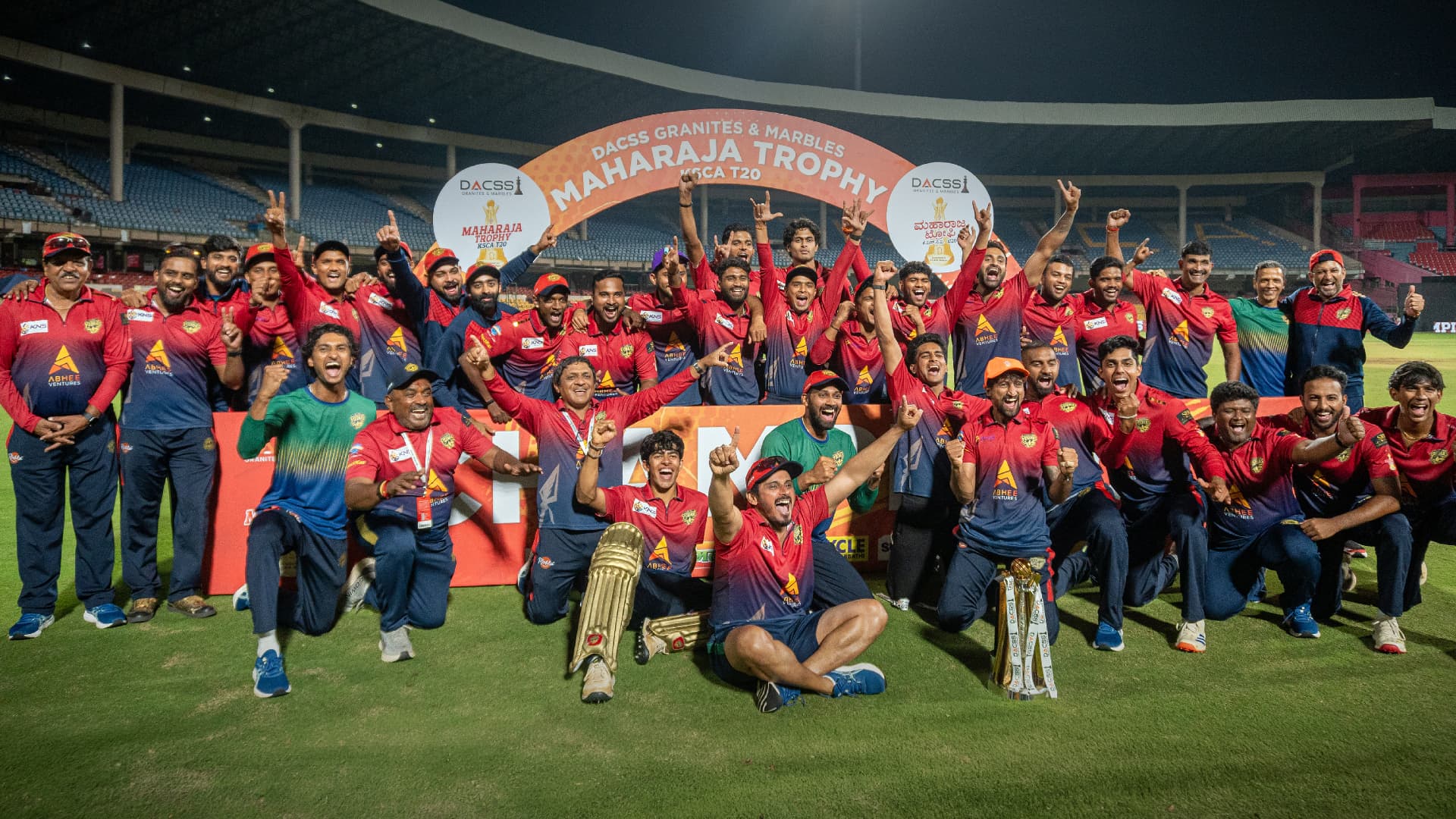 Shivamogga Yodhas squad celebrating the Maharaja Trophy 2026 title